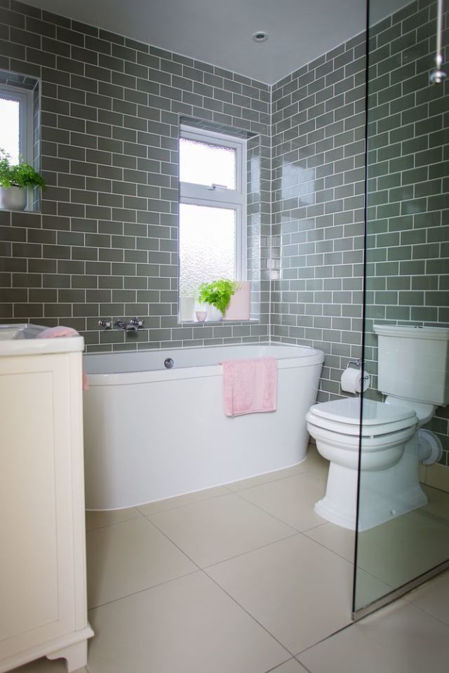 Bathroom makeover: Grey brick tiles and pink accessories ...