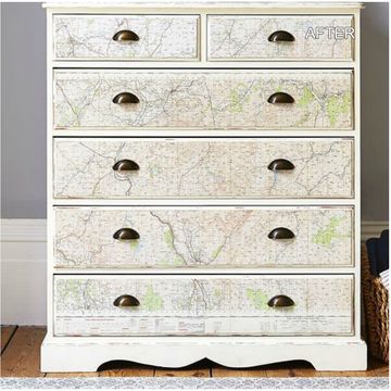 A pine chest of drawers is transformed with 'aged' paintwork, vintage maps and classic metal handles - by upcycling experts Jenny Lloyd and Jonathan Parkin,