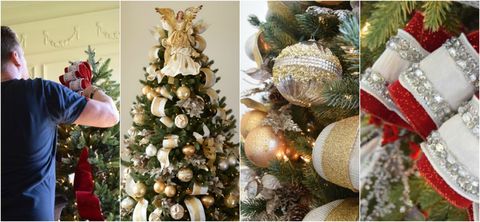 Christmas tree decorations - red, gold, silver.