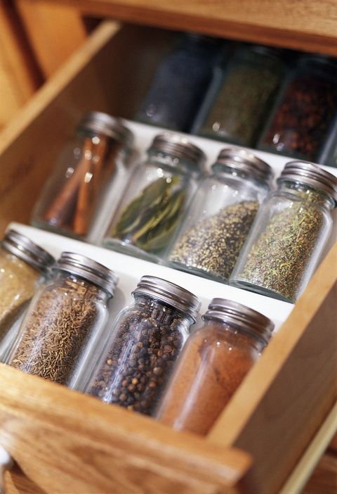 Kitchen drawer - close up of spices in jars
