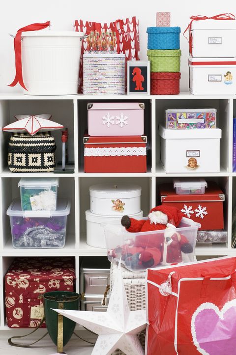 Christmas gifts and decorations on shelf