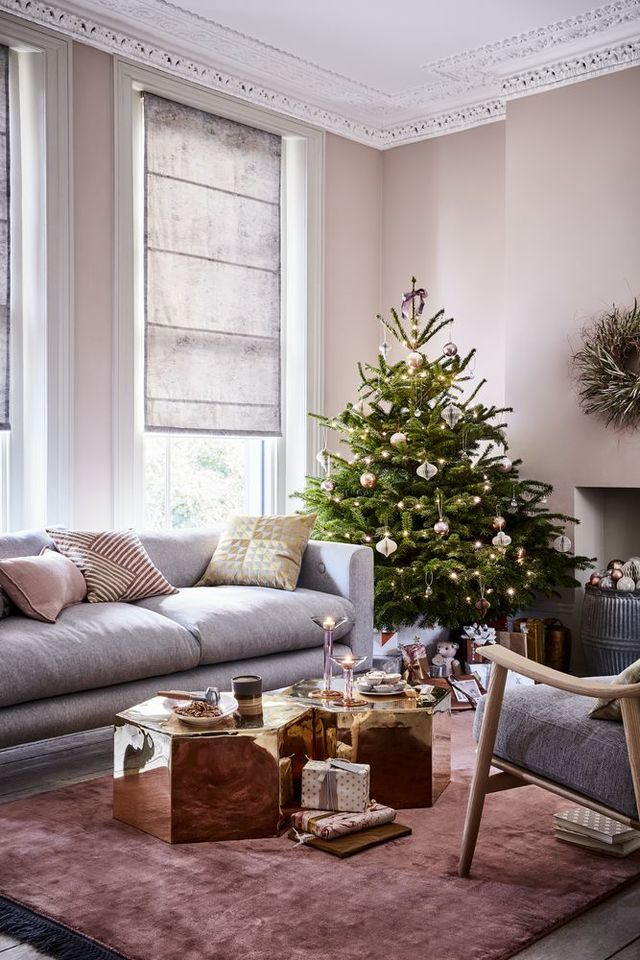 style inspiration starry, starry night pinks, greys, wood and burnished metallics christmas room decorating ideas