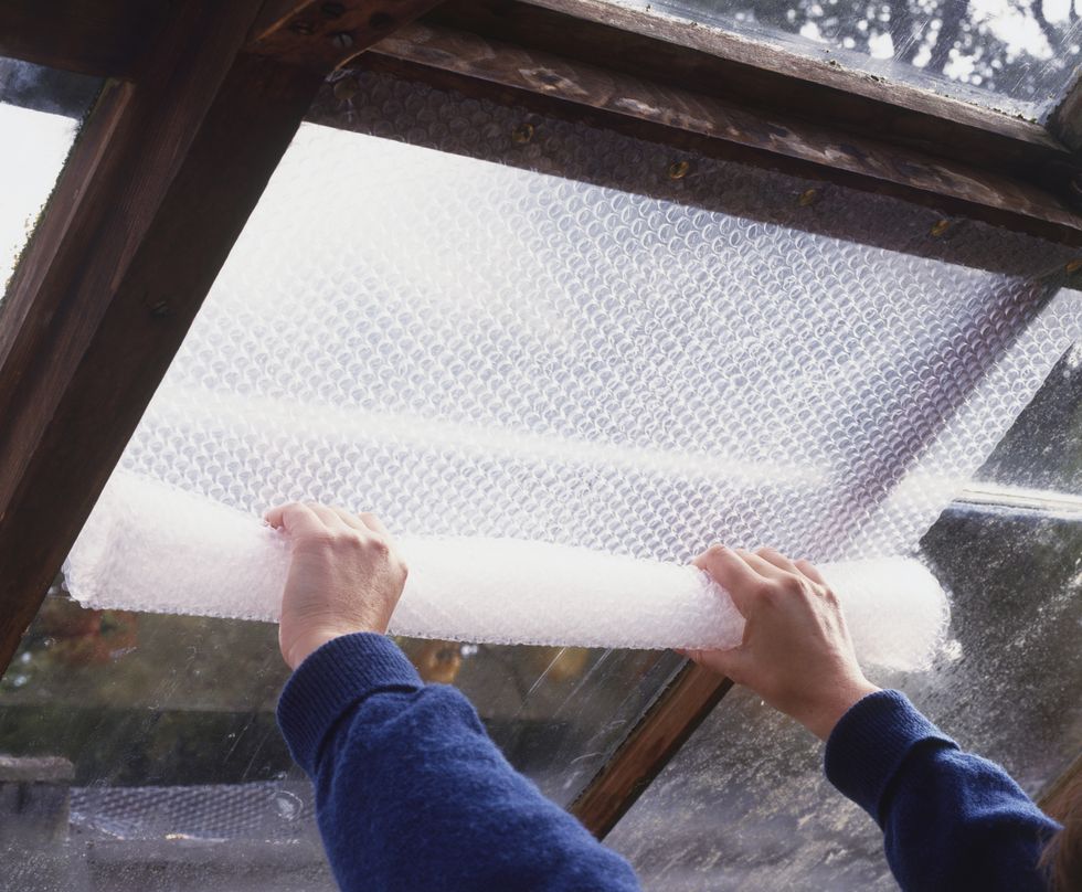 Pair of hands putting bubble wrap on greenhouse window