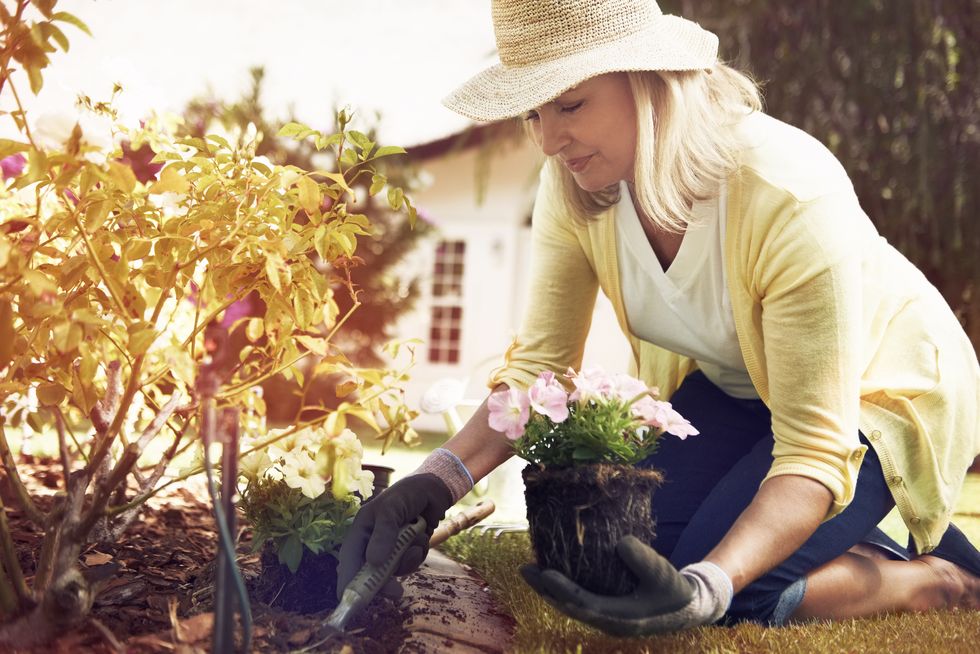 Woman on her knees potting a plant