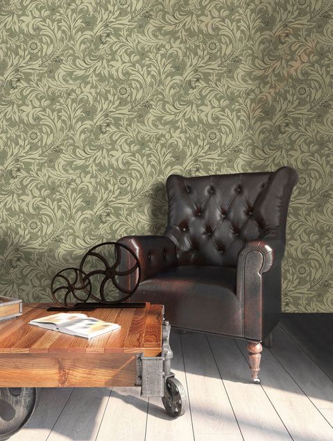 Inspired wallpaper CROWN MEADOW SCROLL OLIVE FEATURE WALL WALLPAPER