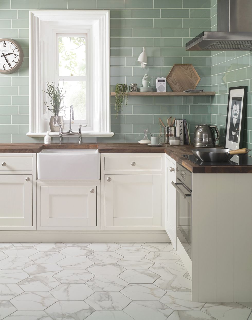 Pistachio Aquarelle Tiles - Kitchen - These ceramic brick shaped Pistachio Aquarelle Tiles have a green hue and a gloss finish and a smooth shadow glaze around the edge of the tile which gives a subtle bevelled illusion.