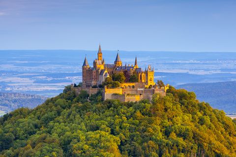 Germany, Baden-Wurttemberg, Swabia, View of Hohenzollern Castle on green hill