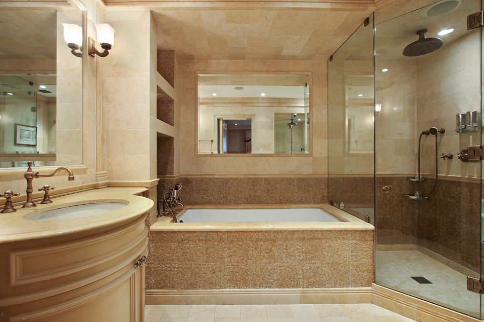 Bathroom, Property, Room, Bathtub, Tile, Floor, Interior design, Plumbing fixture, Wall, Ceiling, 