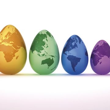 Colourful Easter eggs, painted with different continents, 3D illustration