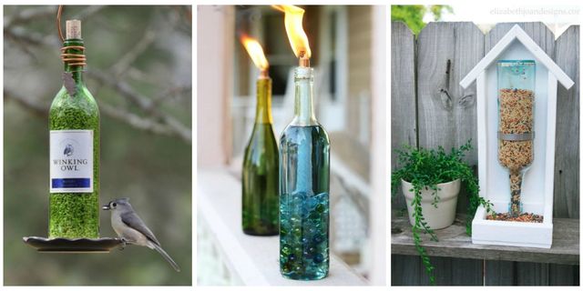 Bottle, Glass bottle, Wine bottle, Green, Bird feeder, Mason jar, Drinkware, Tableware, Plant, Bird, 
