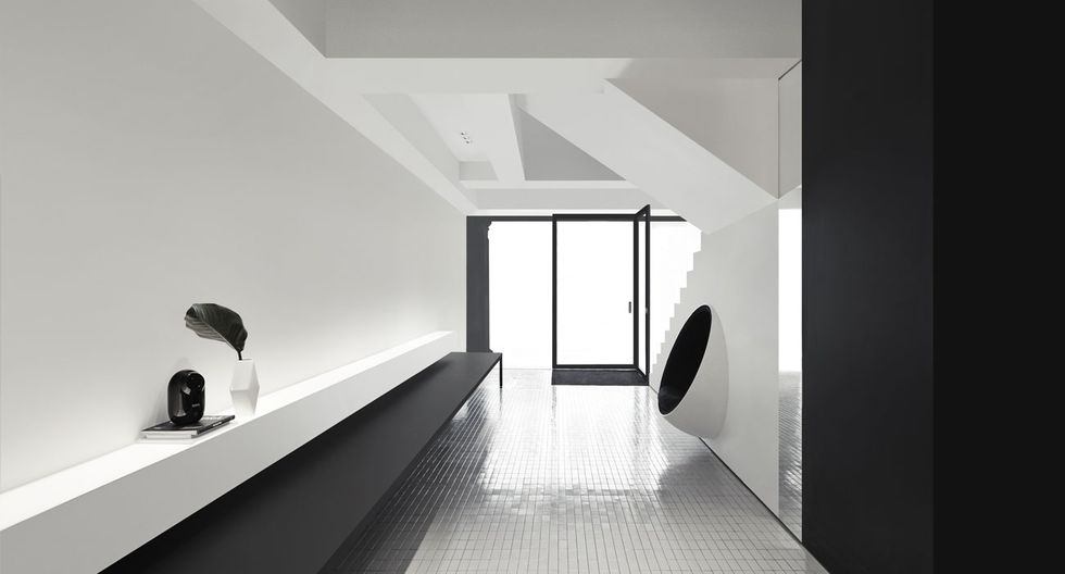 Floor, Room, Interior design, Flooring, Ceiling, Fixture, Black-and-white, Monochrome, Monochrome photography, Tile, 