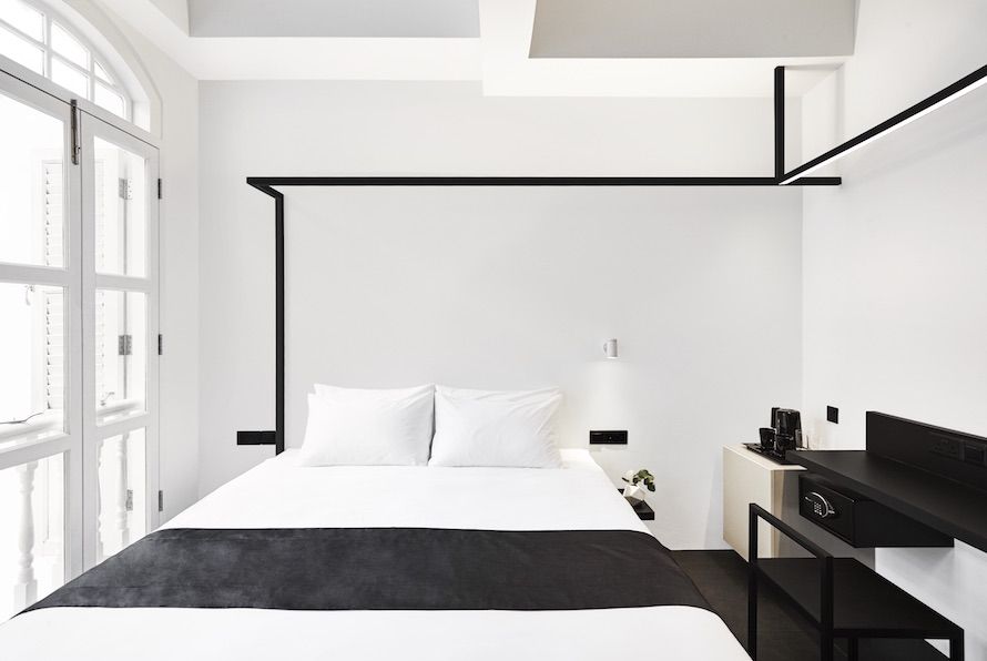 Bedroom, White, Furniture, Room, Bed, Interior design, Black-and-white, Bed frame, Property, Ceiling, 