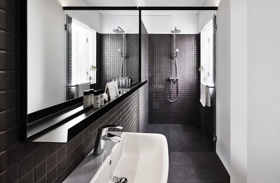 Bathroom, Room, Property, Architecture, Interior design, Building, Plumbing fixture, Black-and-white, Tap, Tile, 