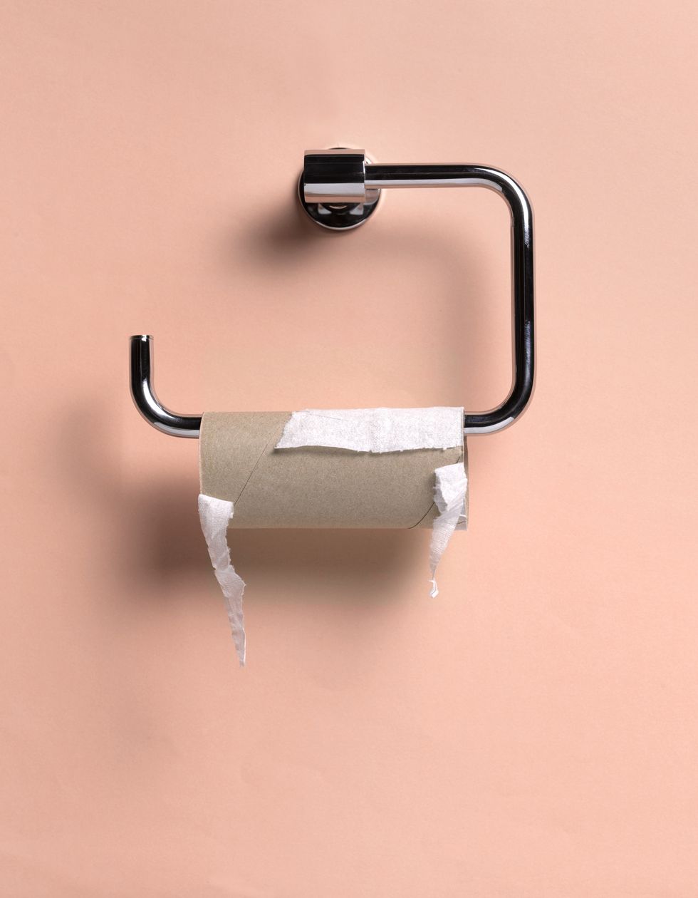 Empty toilet roll on pink wall