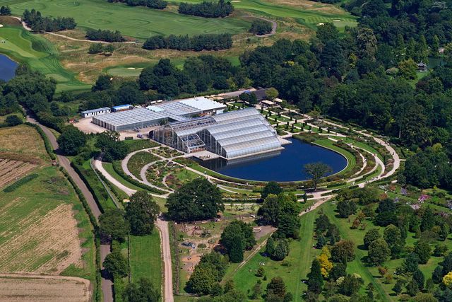 An aerial view of The Glasshouse which is the centrepiece of the Royal Horticultural Gardens at Wisley