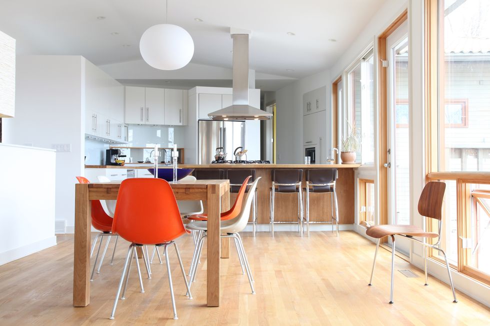 Swedish modern kitchen: Clean white modern kitchen with colourful mid century modern kitchen chairs