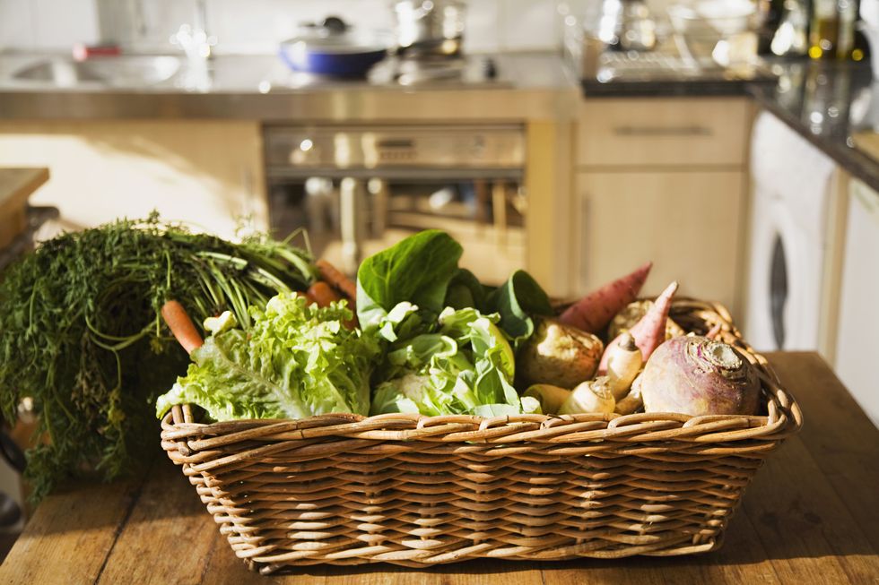 Vegetables in basket on kitchen table