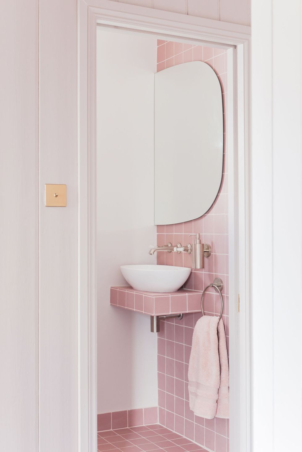 2LG Studio - Pink bathroom look: Tile Giant Victorian Pink tiles and products from Victoria + Albert baths. 