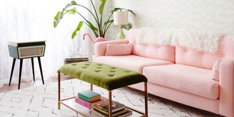 Furniture, Coffee table, Table, Room, Living room, Pink, Sofa bed, Interior design, Couch, Stool, 