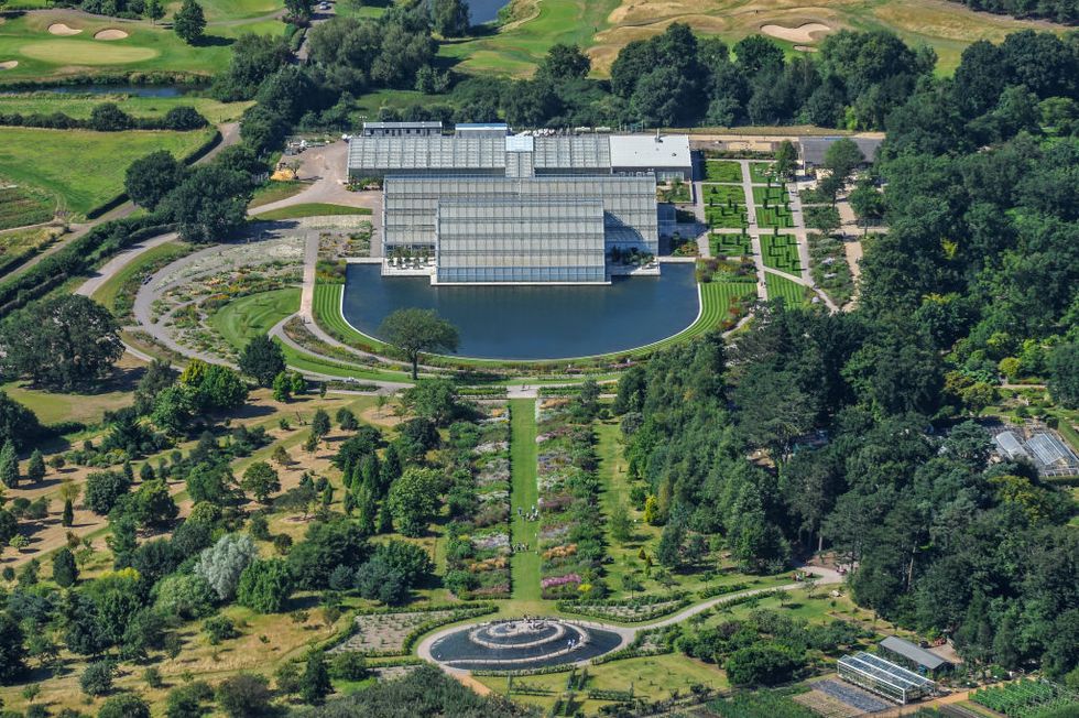 Aerial view of the botanical Gardens at RHS Wisley, Surrey