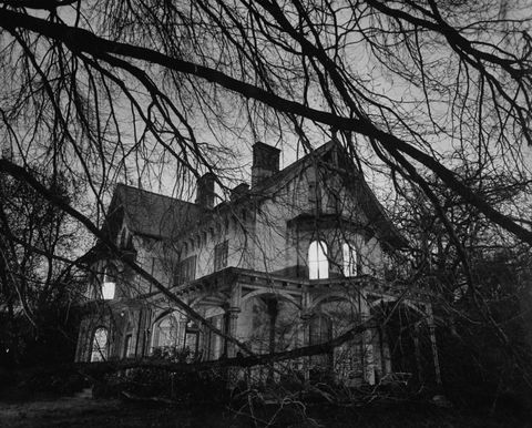 haunted house in black and white