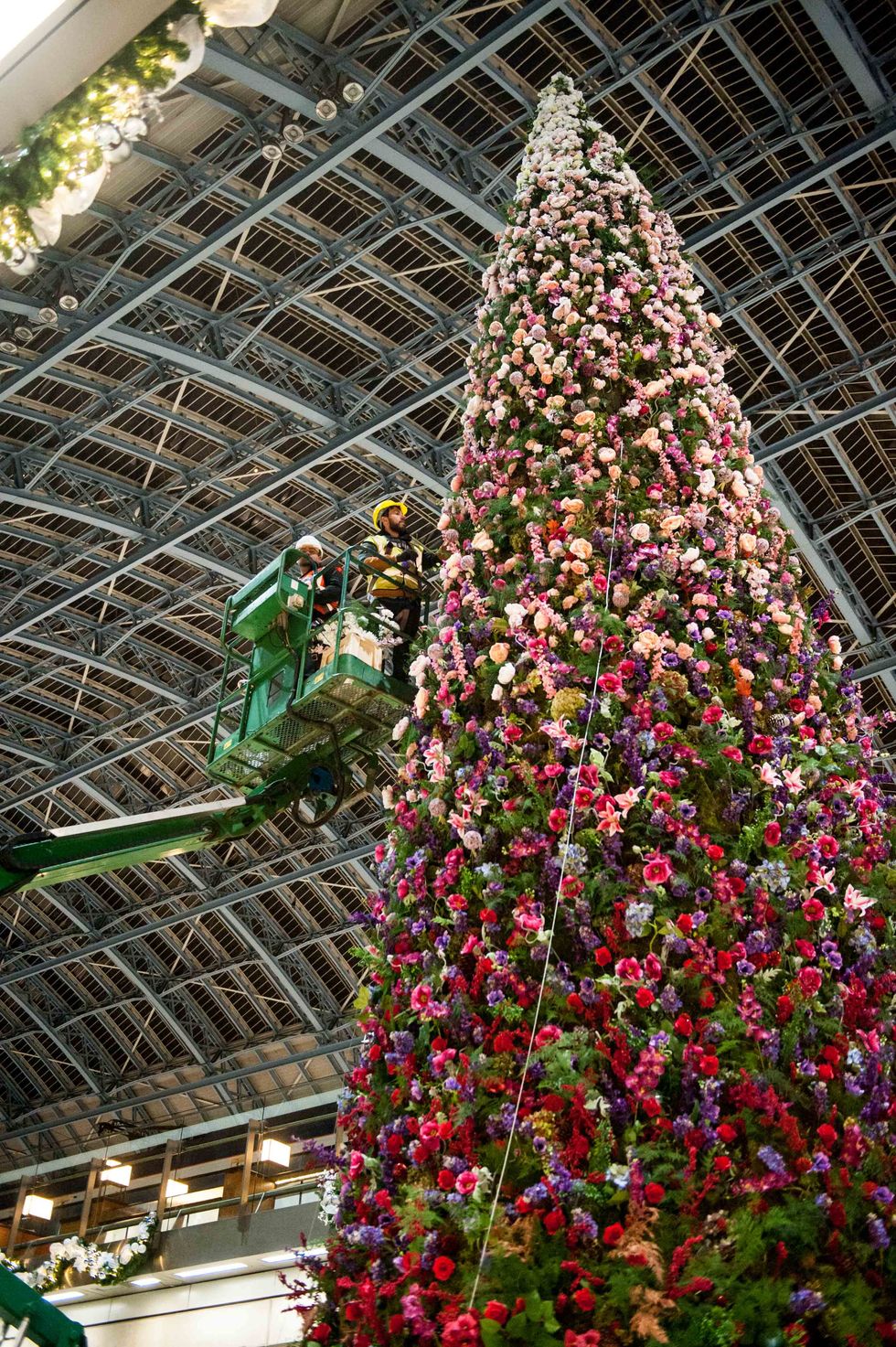 47ft floral Christmas tree unveiled at St Pancras International station, London.