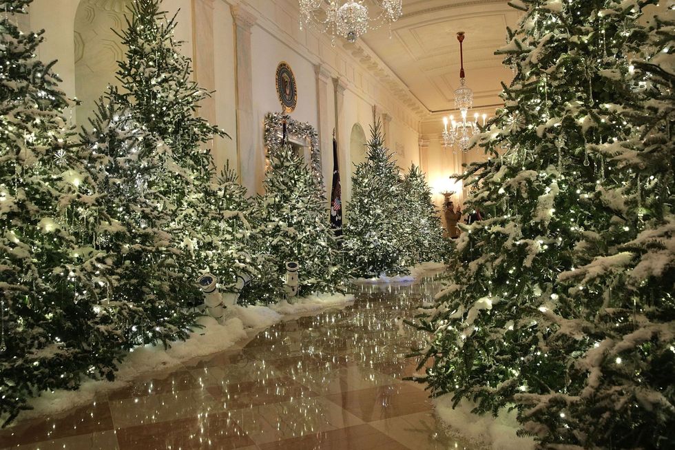 <p>Over 150 volunteers spent 1,600 hours decorating <a href="http://www.housebeautiful.co.uk/lifestyle/news/g180/inside-the-white-house-at-christmas/" target="_blank" data-tracking-id="recirc-text-link">the White House</a> this past long weekend, using more than 18,000 lights. Some of those strands twinkle here in Cross Hall. </p>
