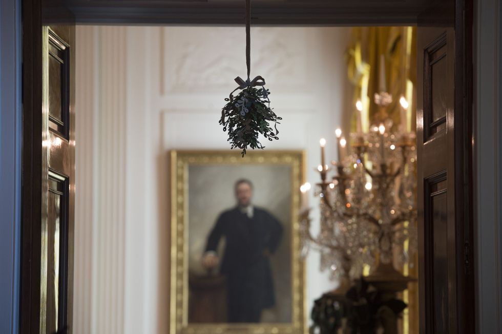 <p>A sprig of mistletoe hangs near John Singer Sargent's official portrait of Theodore Roosevelt in the East Room. </p>