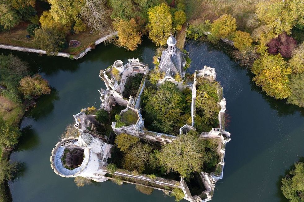 Aerial view of the ruined castle of La Mothe-Chandeniers, in Les Trois-Moutiers, central western France