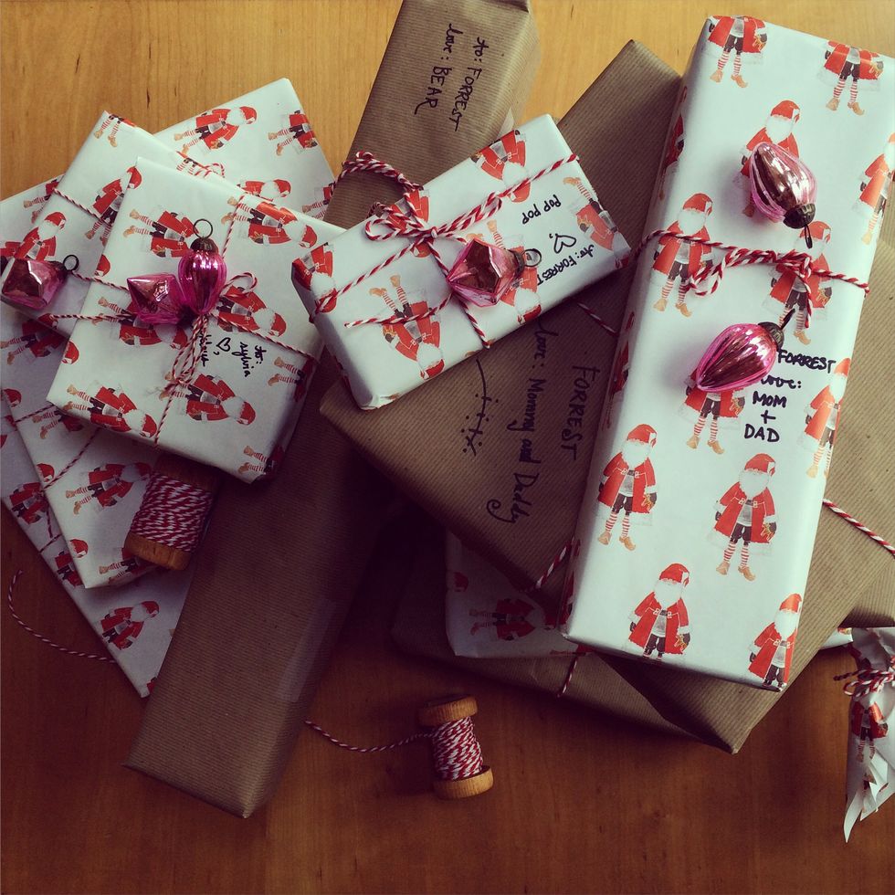 Gift wrapped presents with baubles