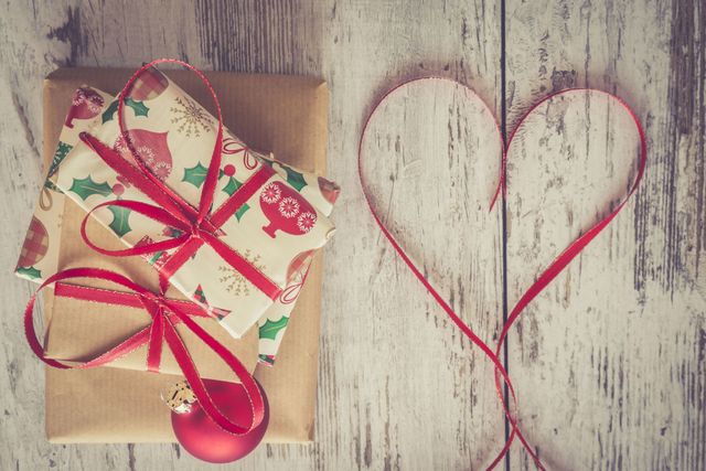 Christmas gifts and heart ribbon