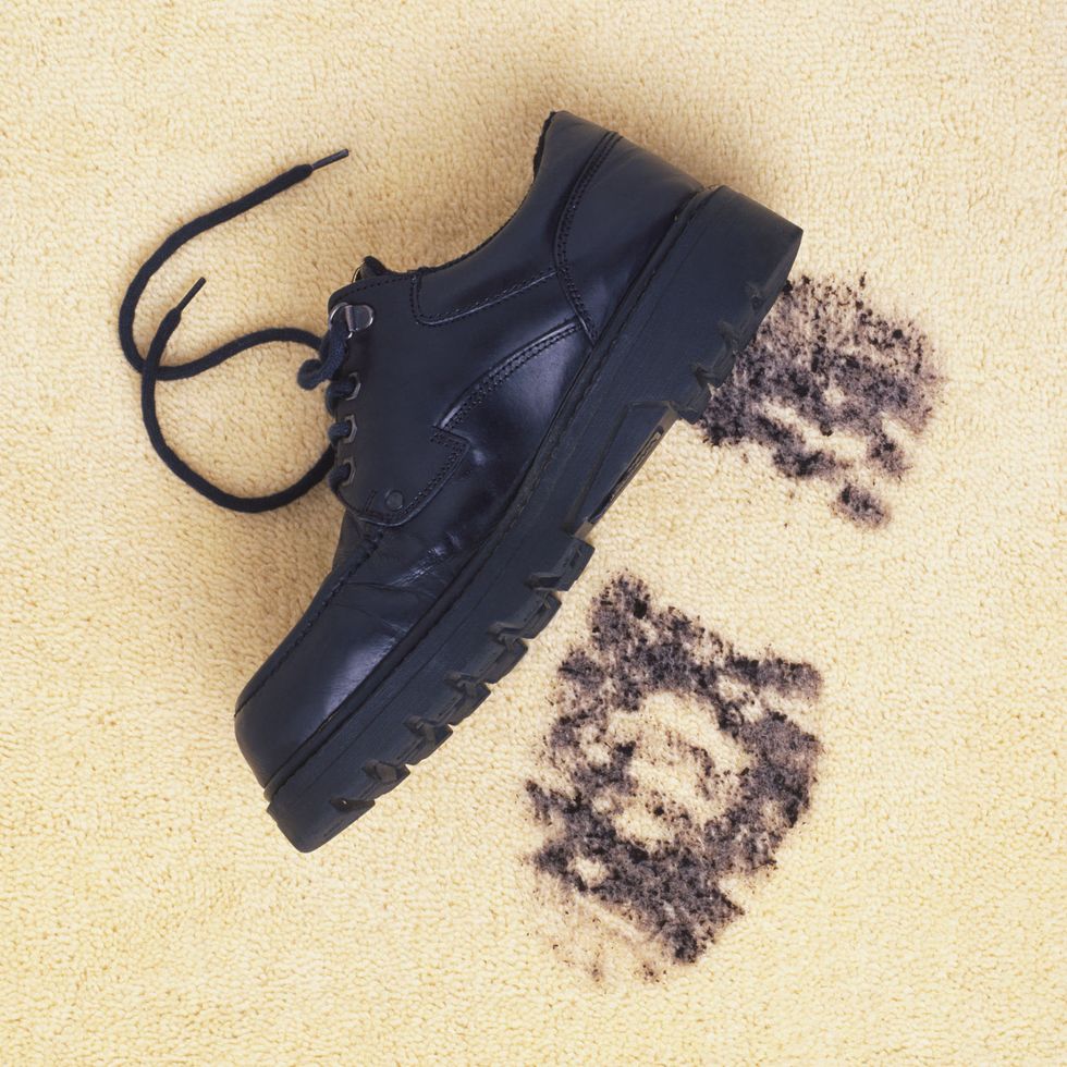 Dark leather shoe on cream coloured carpet next to muddy shoe-print