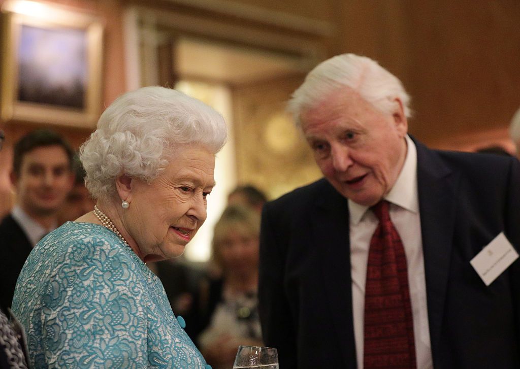Queen Elizabeth II and Sir David Attenborough attend a reception to showcase forestry projects that have been dedicated to the new conservation initiative The Queen's Commonwealth Canopy (QCC) at Buckingham Palace on November 15, 2016 in London, England