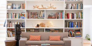 Shelving, Shelf, Bookcase, Furniture, Living room, Room, Wall, Orange, Couch, Interior design, 