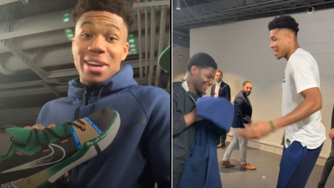Giannis gives jacket to teen after getting new custom shoes from
