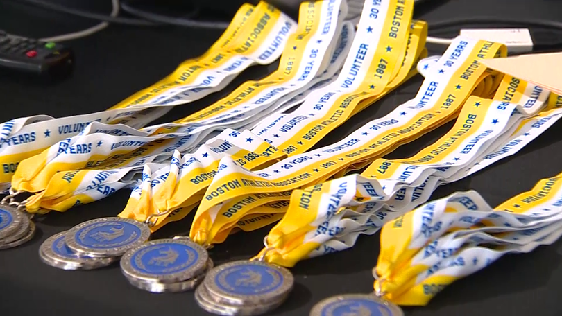 Boston Marathon® - Gold Medal Hanger Display with Boston traditional log  colors