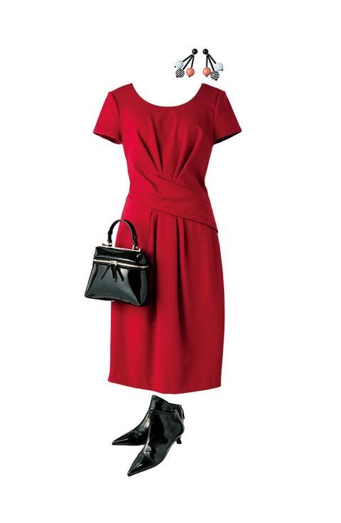 Clothing, Dress, Red, Pink, Day dress, Shoulder, Sleeve, Footwear, Cocktail dress, Joint, 