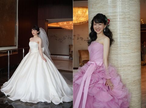 Gown, Wedding dress, Dress, Clothing, Bridal clothing, Bride, White, Shoulder, Bridal party dress, Pink, 
