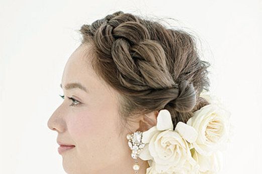 Clothing, Hair, Hairstyle, Forehead, Shoulder, Photograph, Bridal accessory, Petal, Dress, Style, 