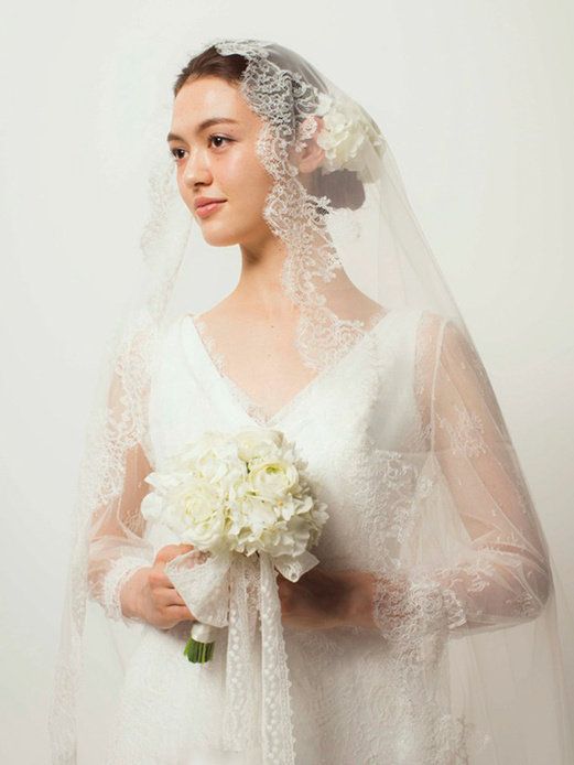 Clothing, Bridal clothing, Bridal veil, Hairstyle, Sleeve, Skin, Veil, Dress, Shoulder, Textile, 