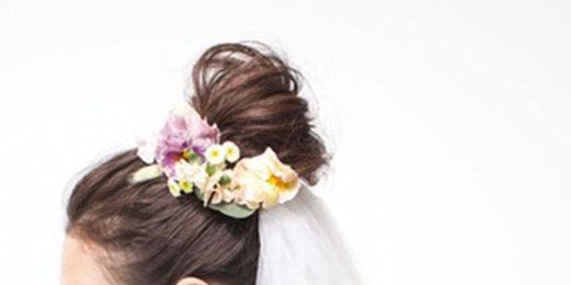 Clothing, Hair, Head, Hairstyle, Petal, Forehead, Shoulder, Bridal accessory, Bridal veil, Veil, 