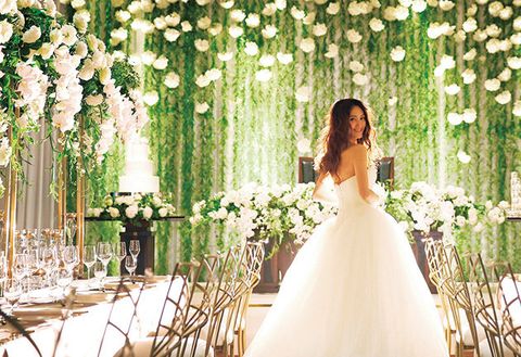Decoration, Photograph, Bride, Dress, Gown, Wedding dress, Green, Ceremony, Bridal clothing, Floral design, 