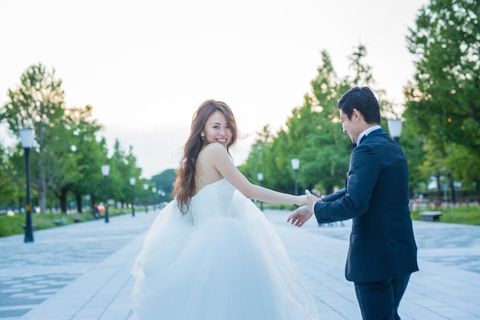 Photograph, Bride, Wedding dress, Dress, Gown, Bridal clothing, Yellow, Ceremony, Wedding, Happy, 
