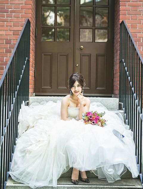Bride, Wedding dress, Photograph, Dress, Gown, Bridal clothing, Bridal party dress, Ceremony, Wedding, Pink, 