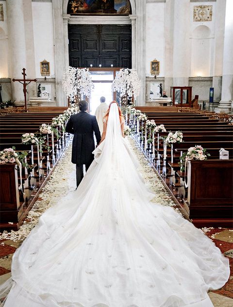Photograph, Wedding dress, Bride, Dress, Aisle, Gown, Bridal clothing, Chapel, Veil, Ceremony, 