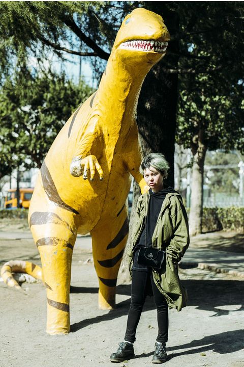 Dinosaur, Yellow, Sculpture, Street fashion, Terrestrial animal, Extinction, Statue, Animal figure, Velociraptor, 
