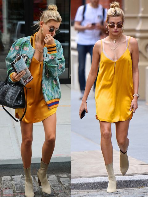 Fashion model, Street fashion, Yellow, Clothing, Fashion, Footwear, Shoulder, Snapshot, Sunglasses, Dress, 