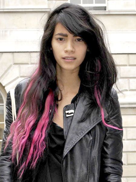Clothing, Lip, Hairstyle, Jacket, Outerwear, Style, Street fashion, Black hair, Step cutting, Magenta, 