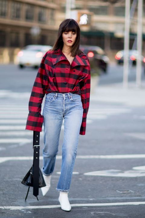 Clothing, Sleeve, Trousers, Denim, Jeans, Plaid, Collar, Textile, Outerwear, Pattern, 