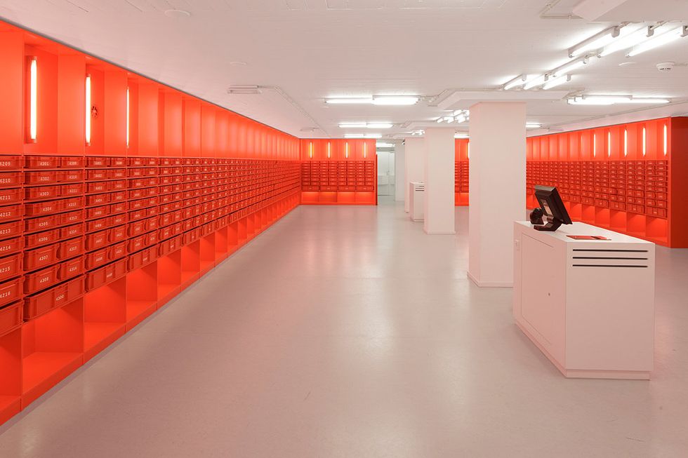 Red, Orange, Architecture, Building, Interior design, Wall, Ceiling, Design, Room, Furniture, 